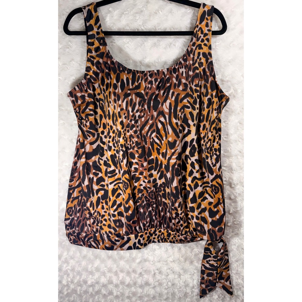 Swimsuits For All Womens 18 Leopard Blouson Side Tie Brown Orange Tankini Top